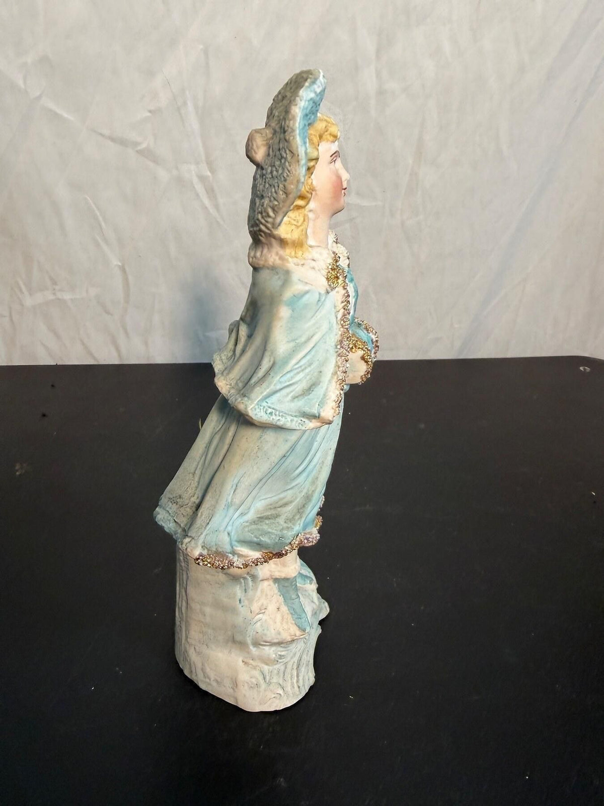 Vintage Porcelain Lady Figurine Blue Dress & Hat with Glitter Accents 7.5" - Wormhole Thrift