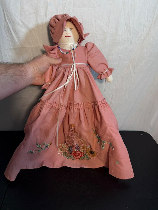 Vintage Handmade Fabric Doll Pink Dress Bonnet Embroidered Flowers - Wormhole Thrift
