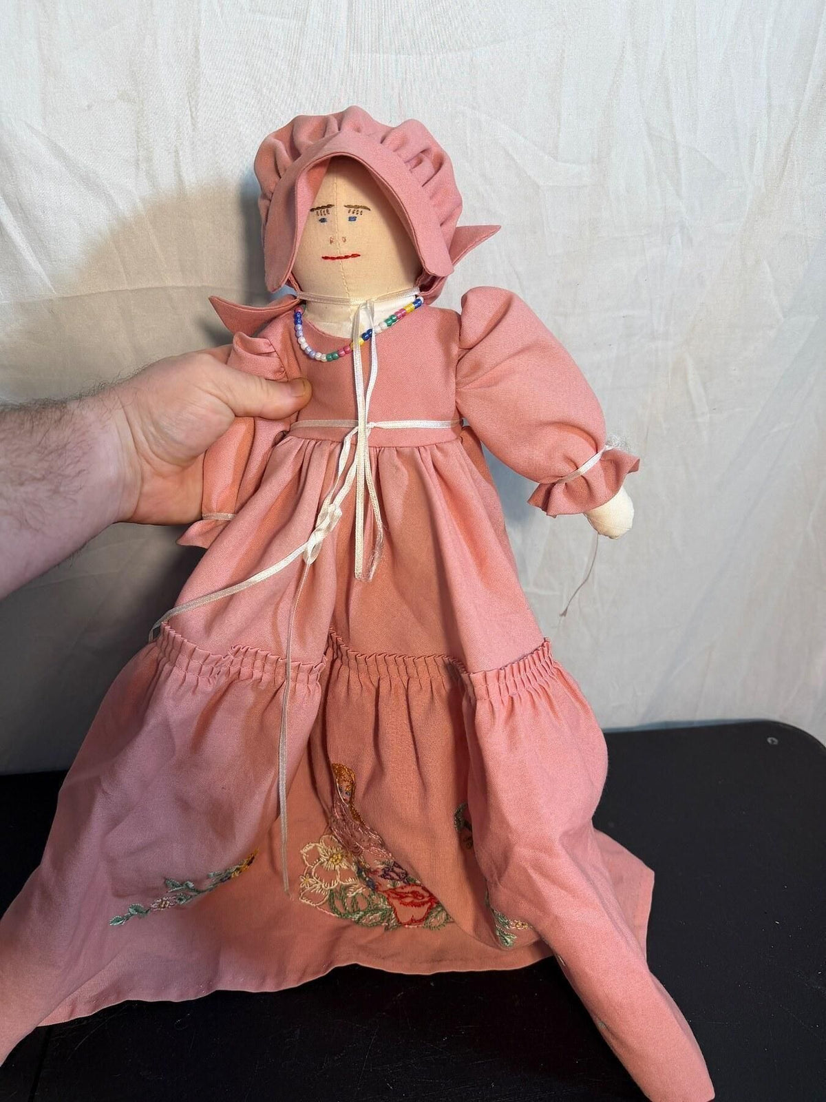 Vintage Handmade Fabric Doll Pink Dress Bonnet Embroidered Flowers - Wormhole Thrift