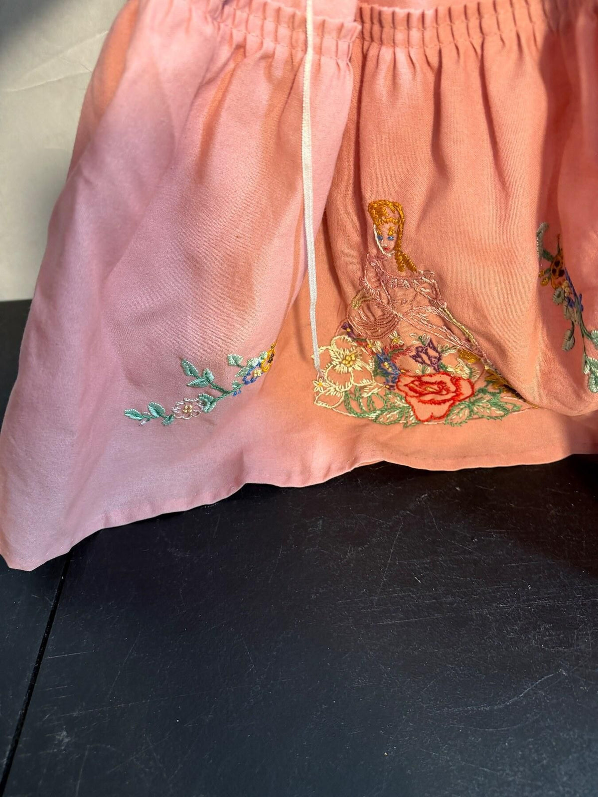 Vintage Handmade Fabric Doll Pink Dress Bonnet Embroidered Flowers - Wormhole Thrift
