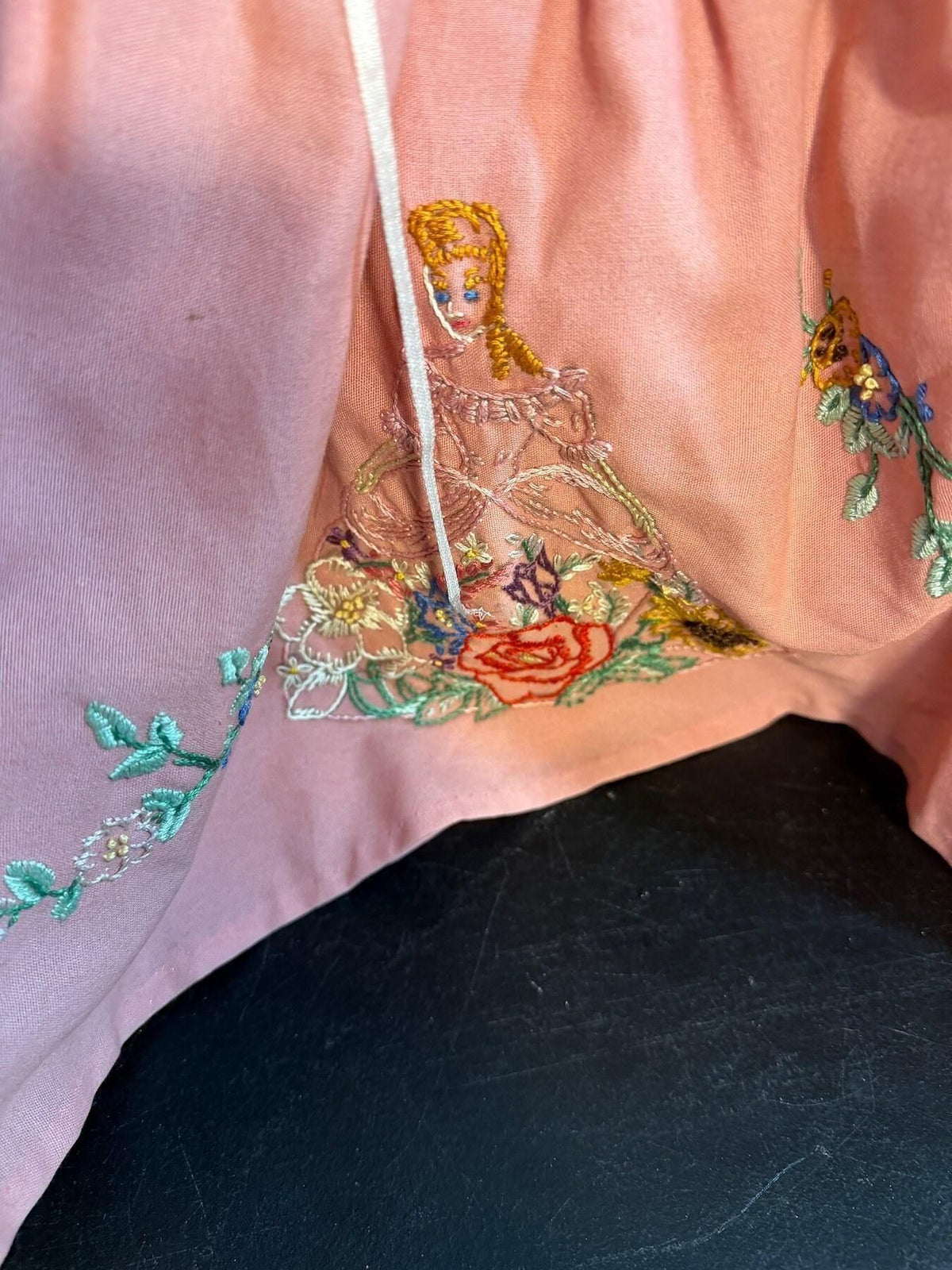 Vintage Handmade Fabric Doll Pink Dress Bonnet Embroidered Flowers - Wormhole Thrift