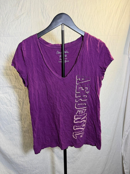 Aeropostale Women's XL Purple V-Neck T-Shirt AERO 1987 Graphic - Wormhole Thrift