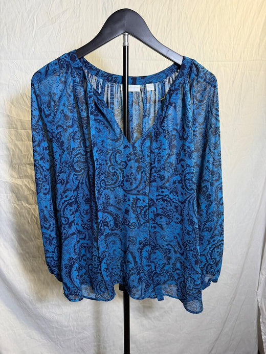 New York & Company Women's Blue Paisley Sheer V-Neck Blouse Size M - Wormhole Thrift