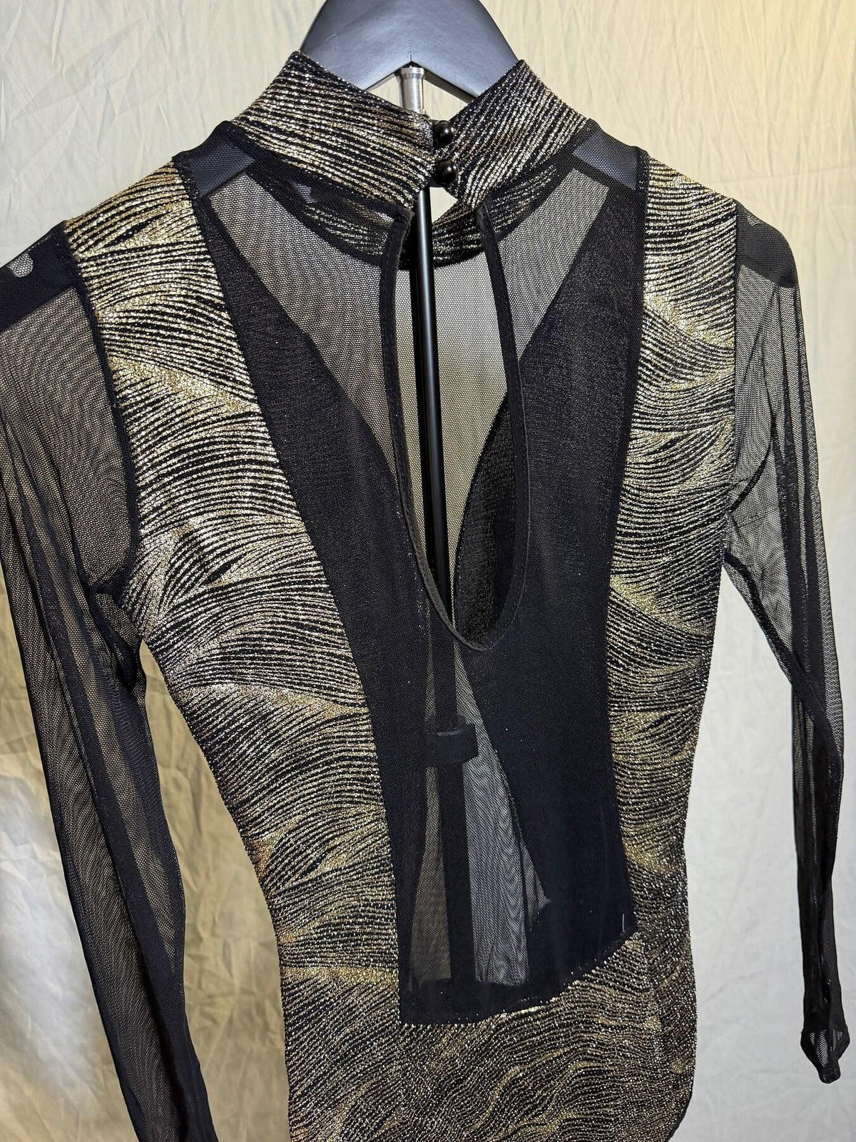 facil gal Vintage Y2K Black Gold Metallic Mesh High Neck Bodysuit Small - Wormhole Thrift
