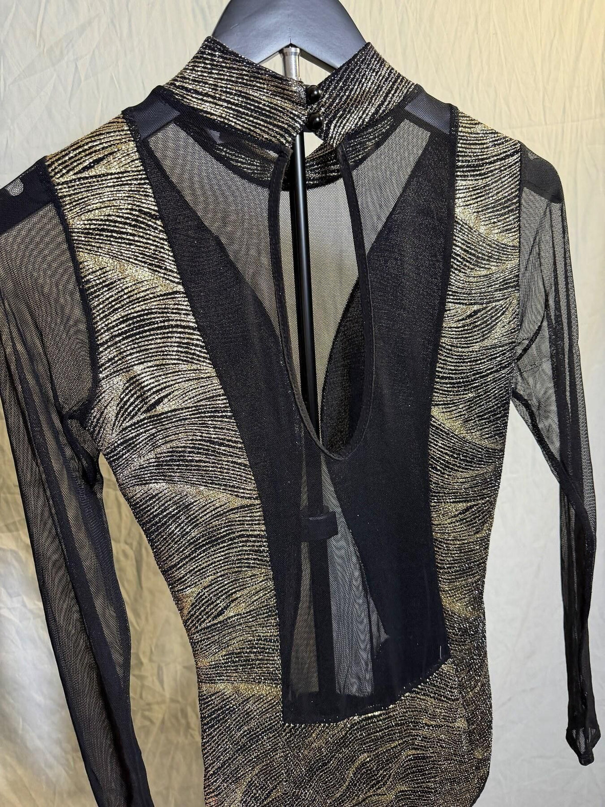 facil gal Vintage Y2K Black Gold Metallic Mesh High Neck Bodysuit Small - Wormhole Thrift