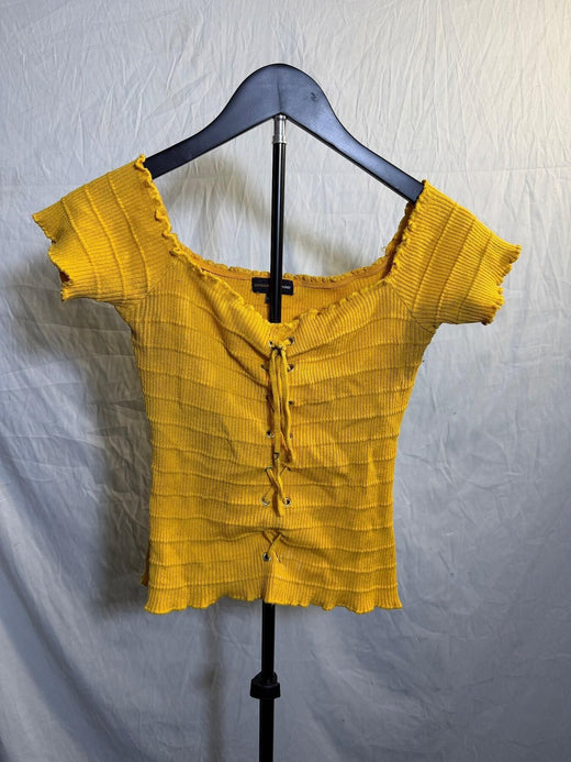 Ambiance Apparel Yellow Ribbed Lace-Up Off-Shoulder Crop Top Women's L - Wormhole Thrift