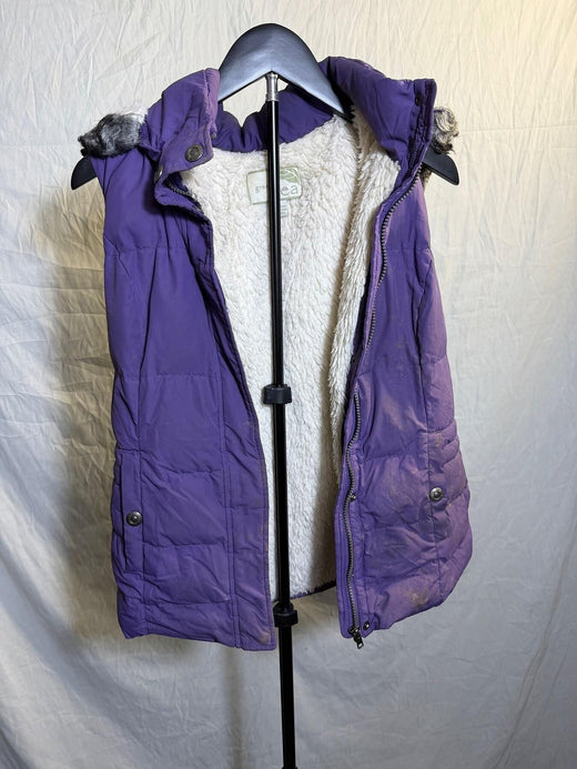 Green Tea Women's Purple Quilted Puffer Vest Faux Fur Hood Size Small - Wormhole Thrift