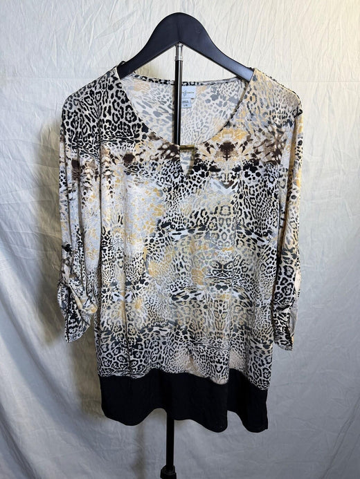Jaclyn Smith Women's Large Leopard Print V-Neck 3/4 Roll-Tab Sleeve Top - Wormhole Thrift