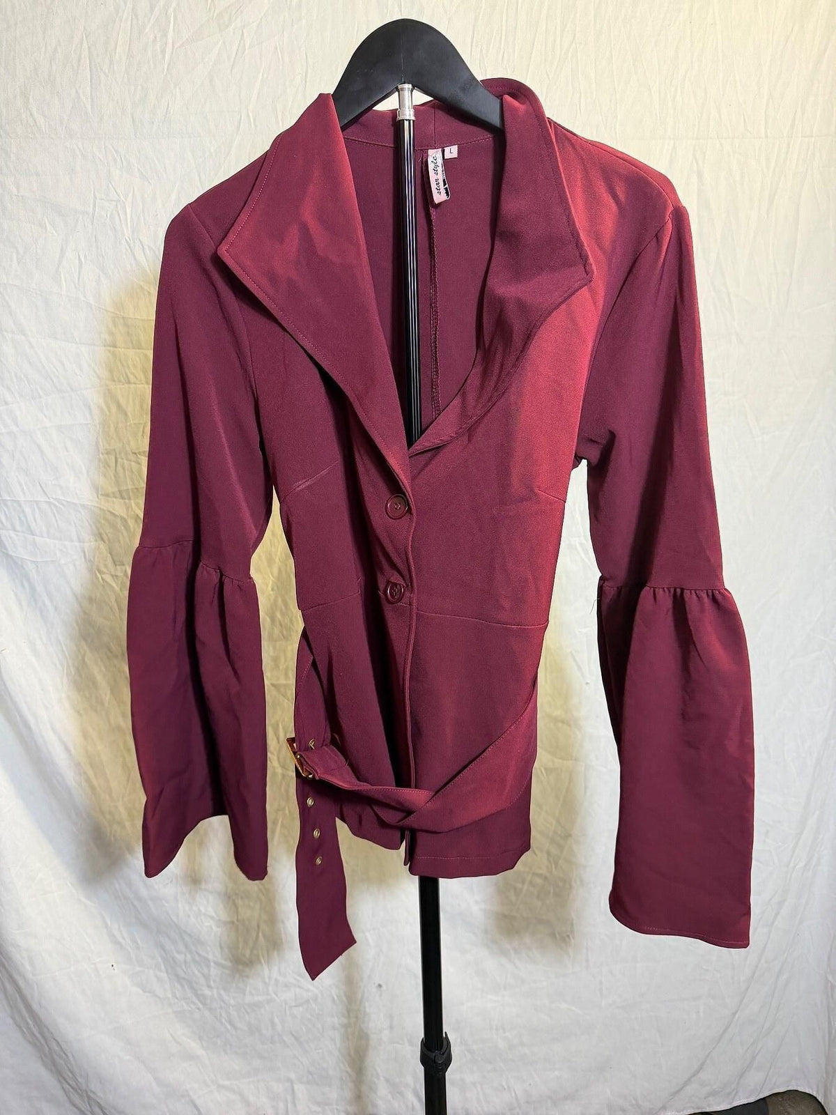 Star Style Women's Burgundy Tie-Waist Bell Sleeve Blazer Jacket Size L - Wormhole Thrift