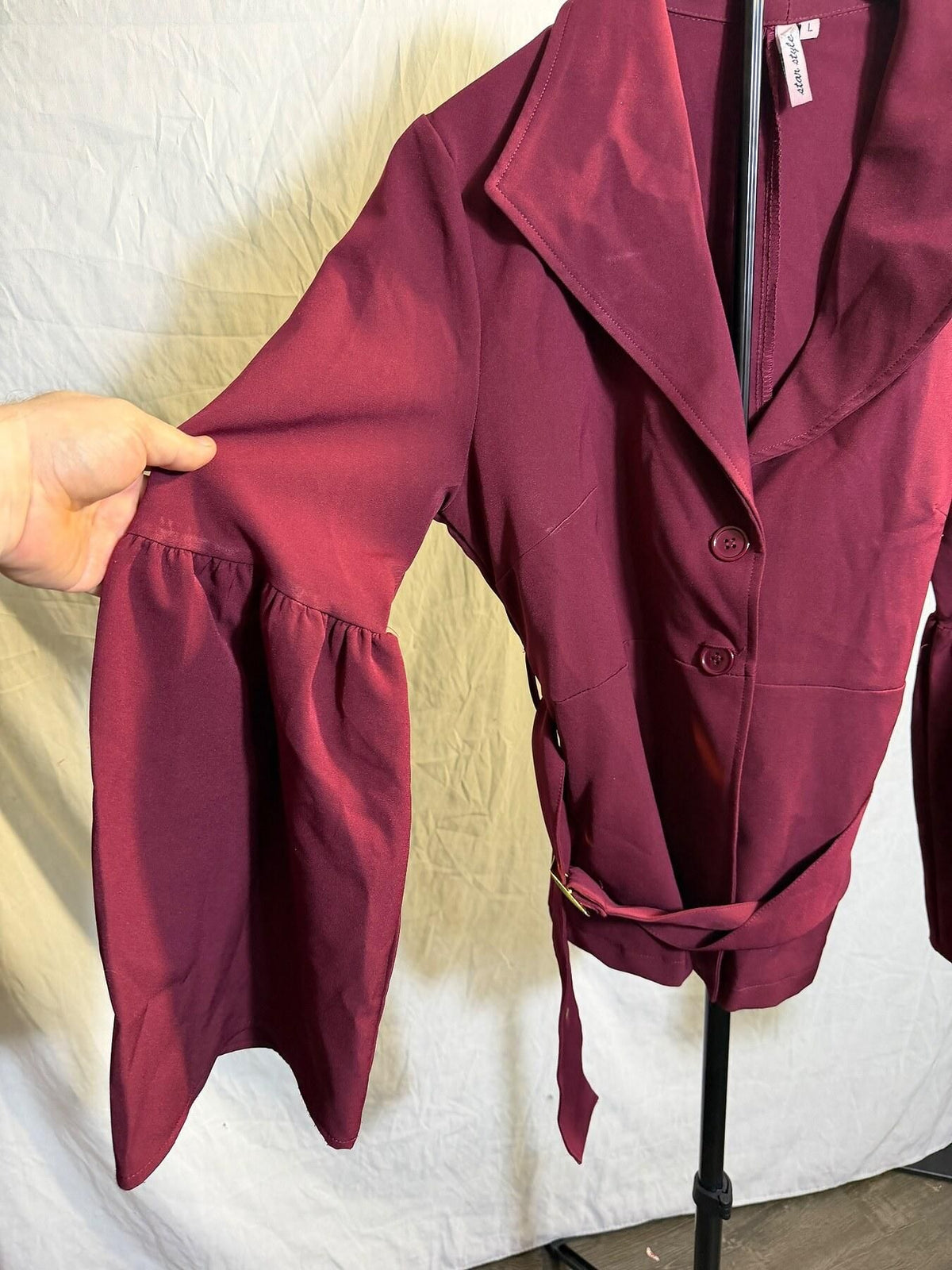 Star Style Women's Burgundy Tie-Waist Bell Sleeve Blazer Jacket Size L - Wormhole Thrift