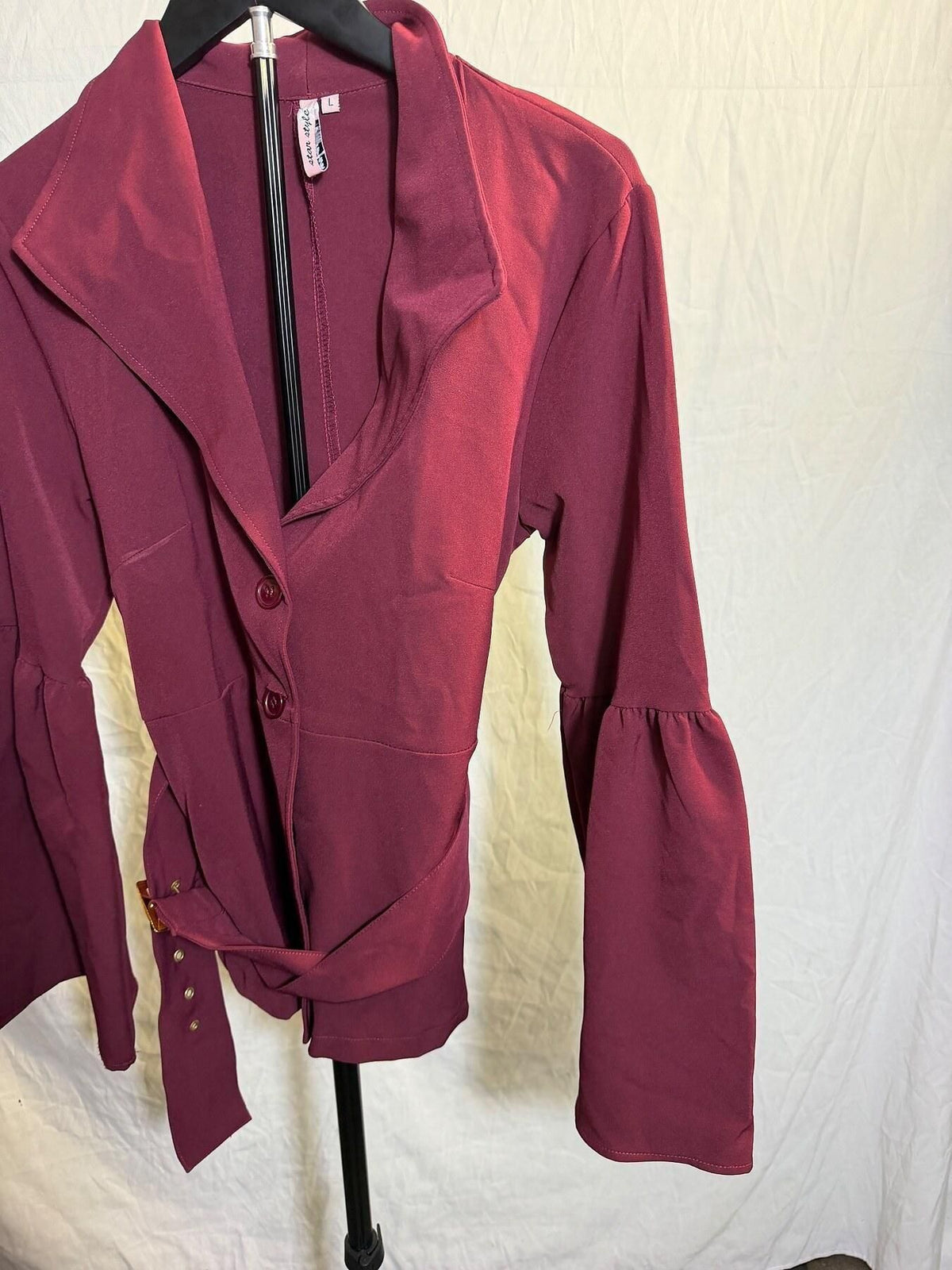 Star Style Women's Burgundy Tie-Waist Bell Sleeve Blazer Jacket Size L - Wormhole Thrift