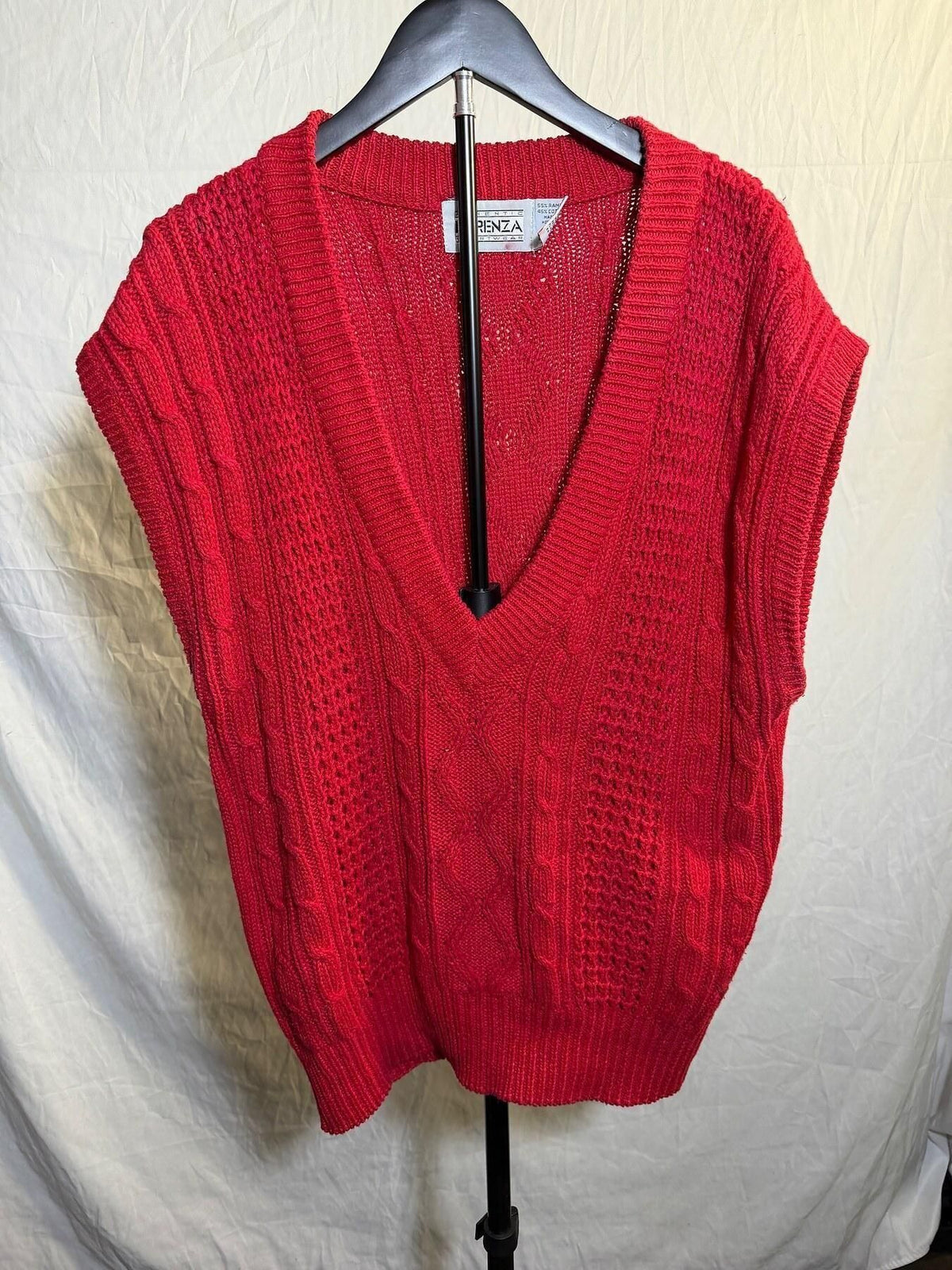 Vintage Forenza Red Cable Knit V-Neck Sweater Vest Ramie Cotton - Wormhole Thrift