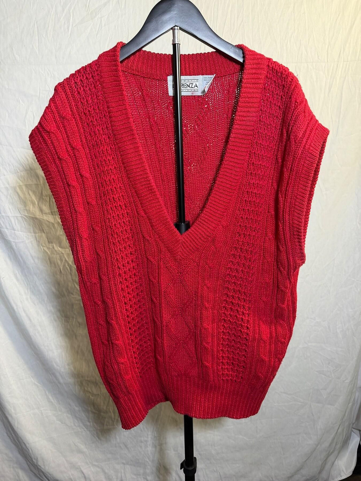 Vintage Forenza Red Cable Knit V-Neck Sweater Vest Ramie Cotton - Wormhole Thrift