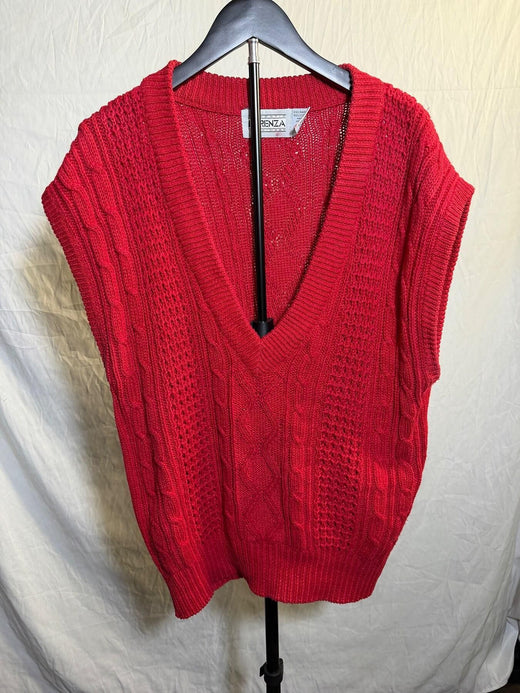 Vintage Forenza Red Cable Knit V-Neck Sweater Vest Ramie Cotton - Wormhole Thrift