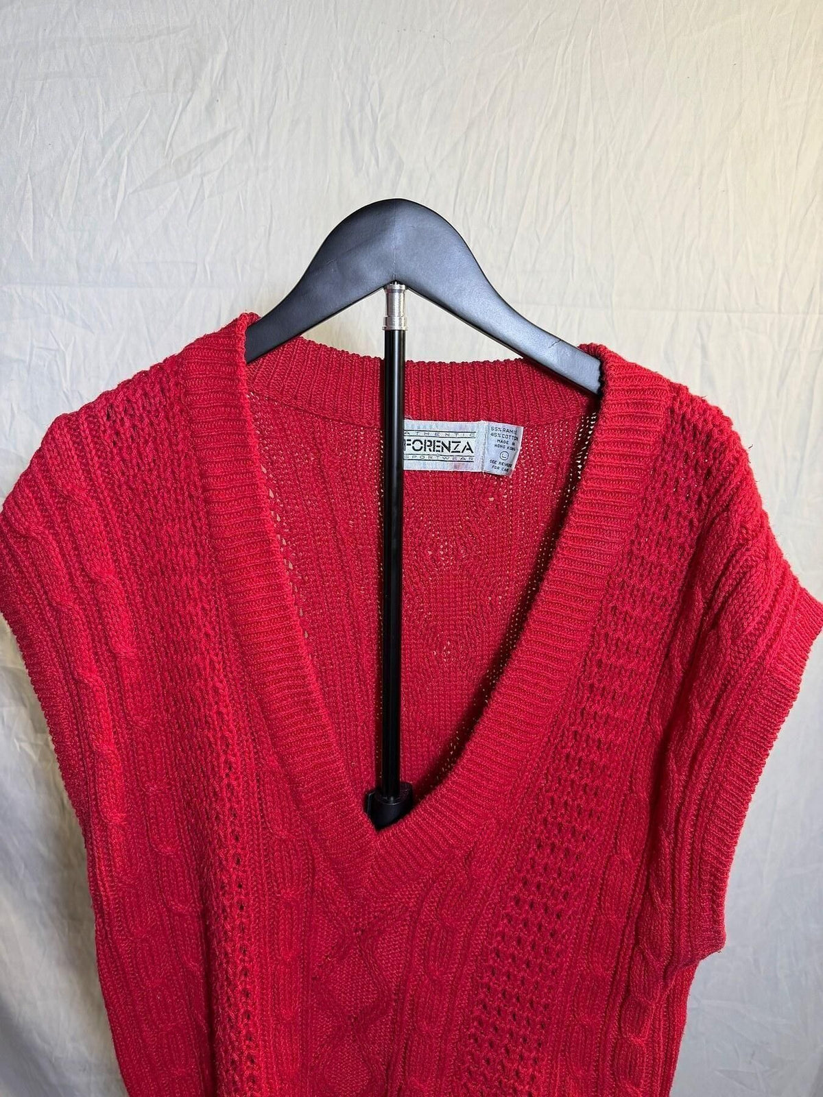 Vintage Forenza Red Cable Knit V-Neck Sweater Vest Ramie Cotton - Wormhole Thrift