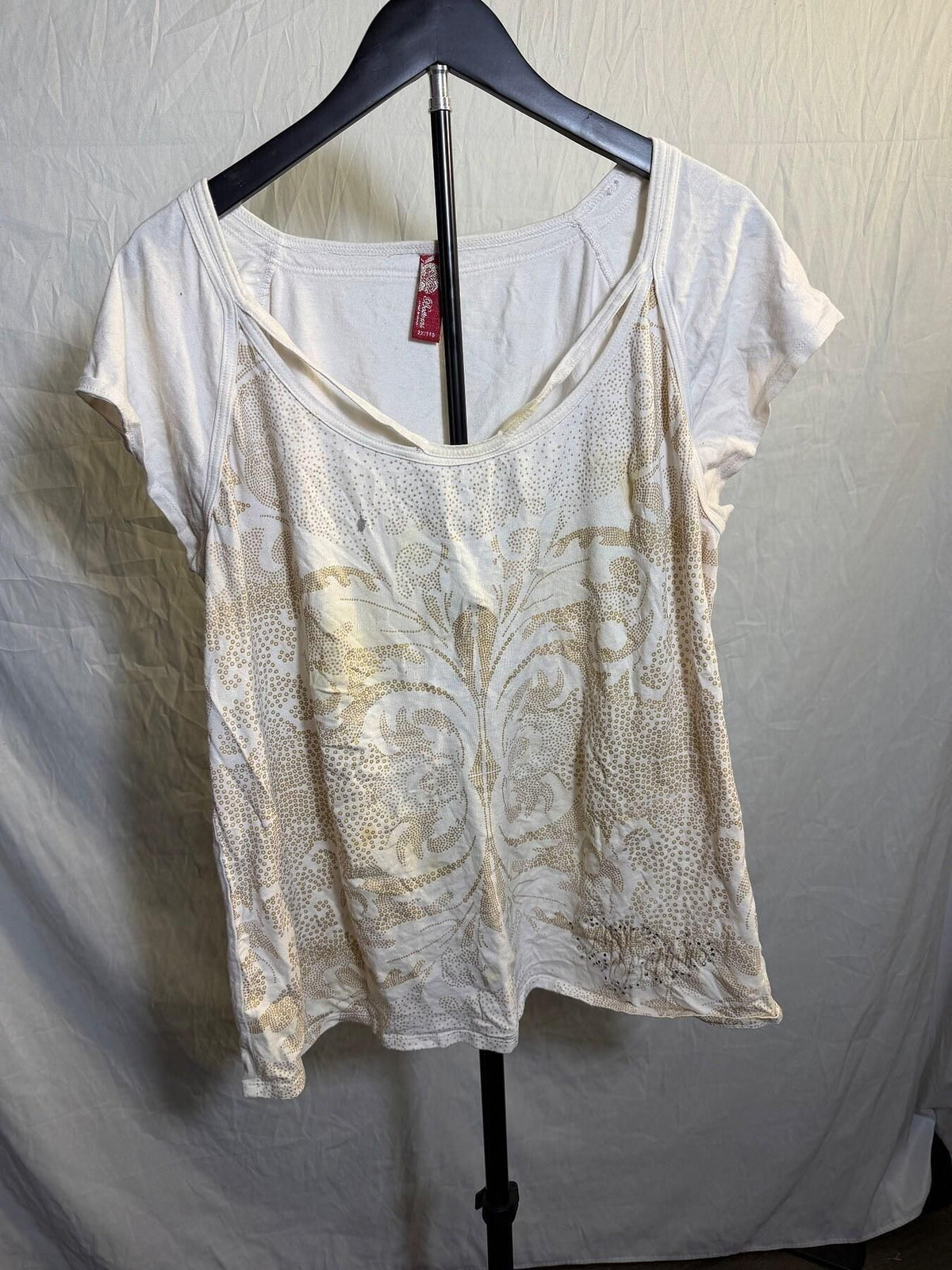 Vintage Apple Bottoms Women's 2XL Cream Gold Pattern Sequin Short Sleeve Top - Wormhole Thrift