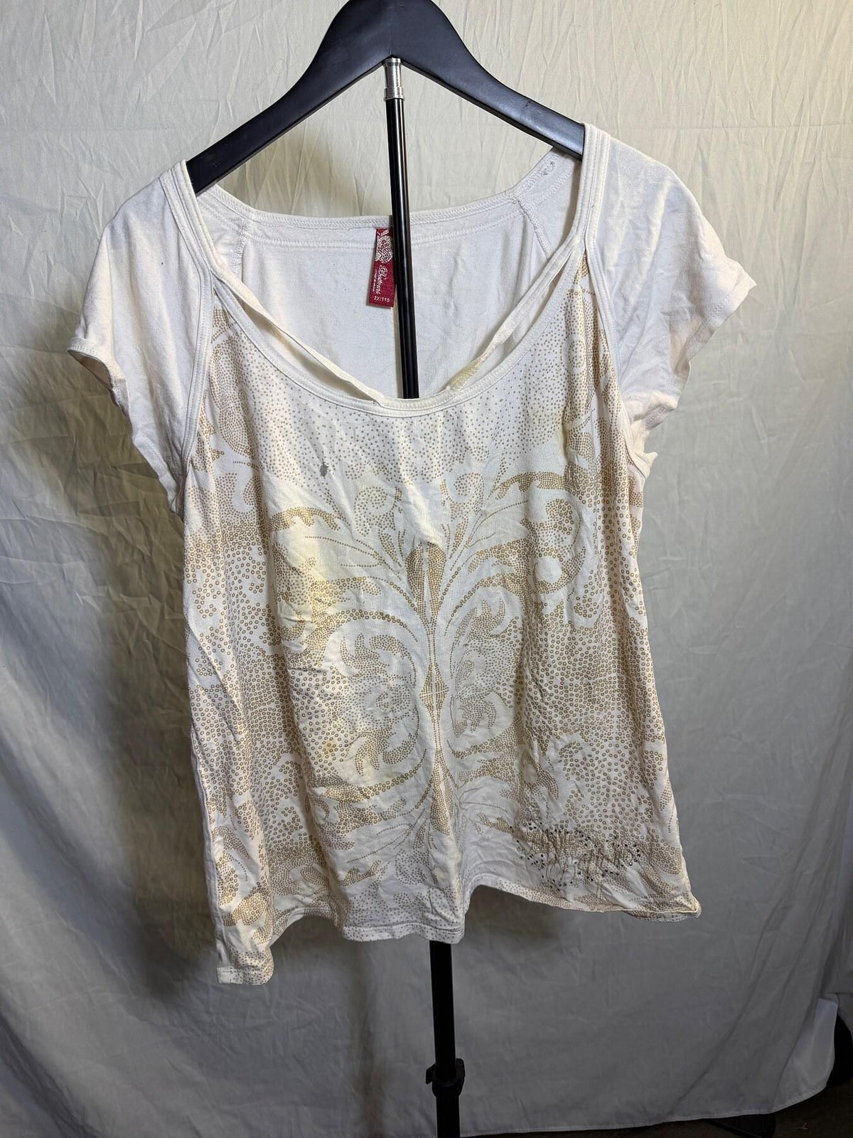 Vintage Apple Bottoms Women's 2XL Cream Gold Pattern Sequin Short Sleeve Top - Wormhole Thrift