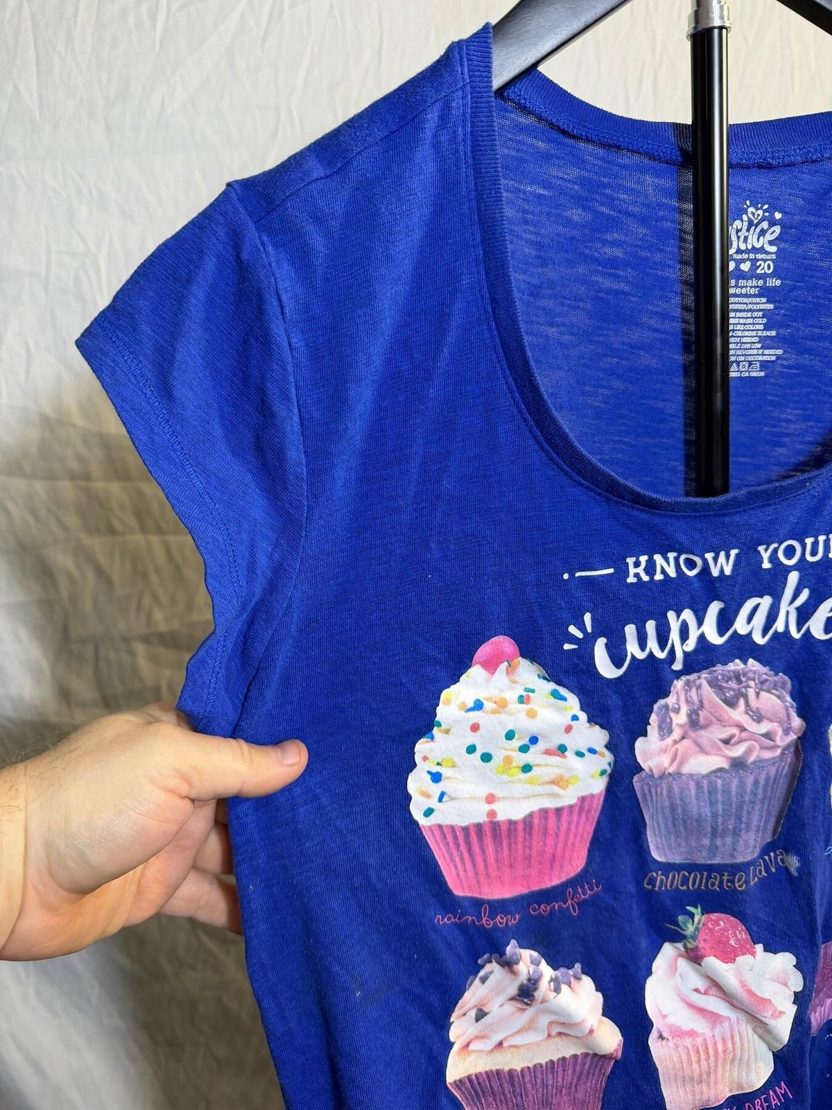 Justice Girls Size 20 Blue Know Your Cupcakes Graphic T-Shirt - Wormhole Thrift