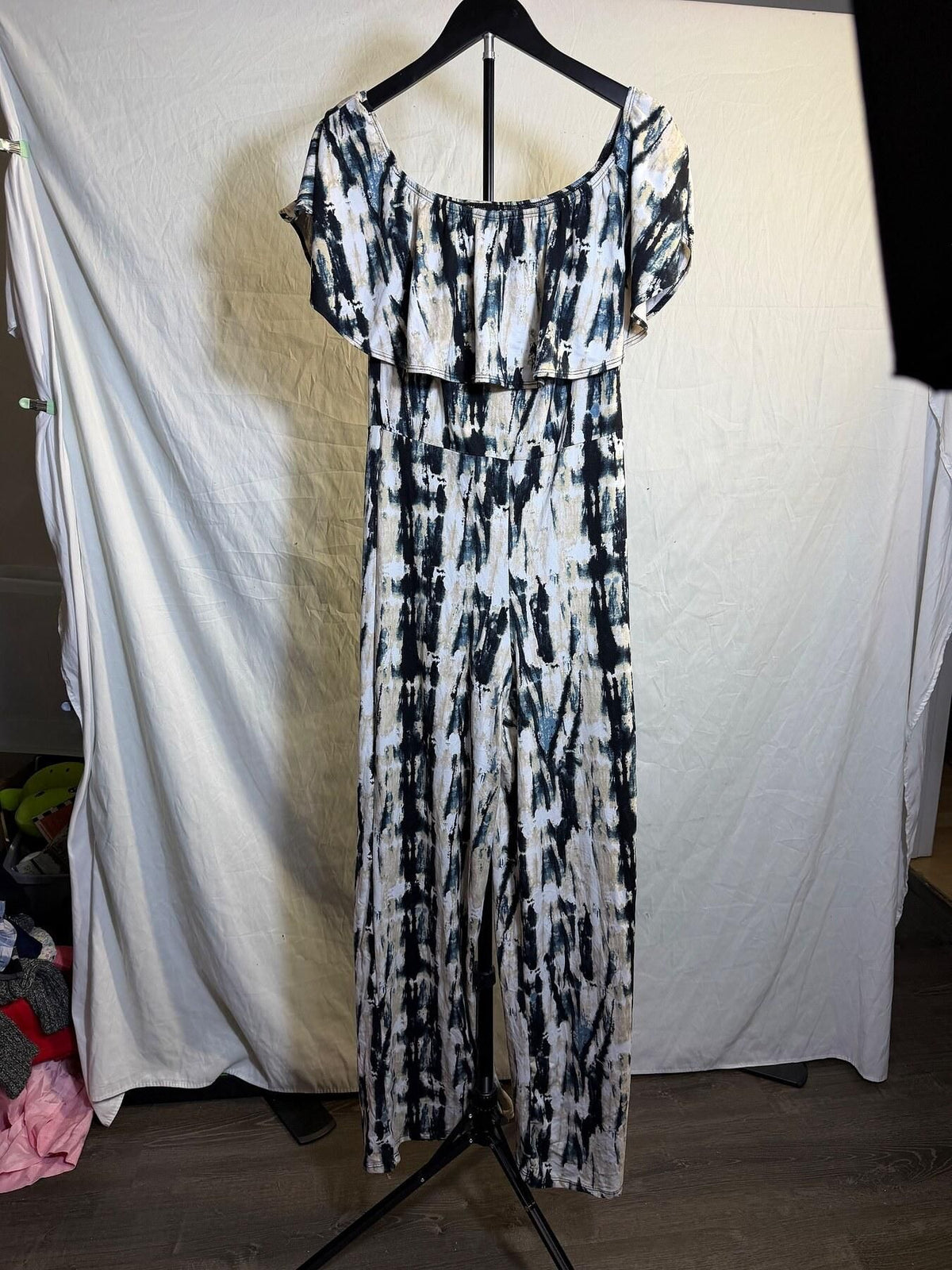 Minette Women's Large Off Shoulder Tie Dye Ruffle Wide Leg Jumpsuit - Wormhole Thrift