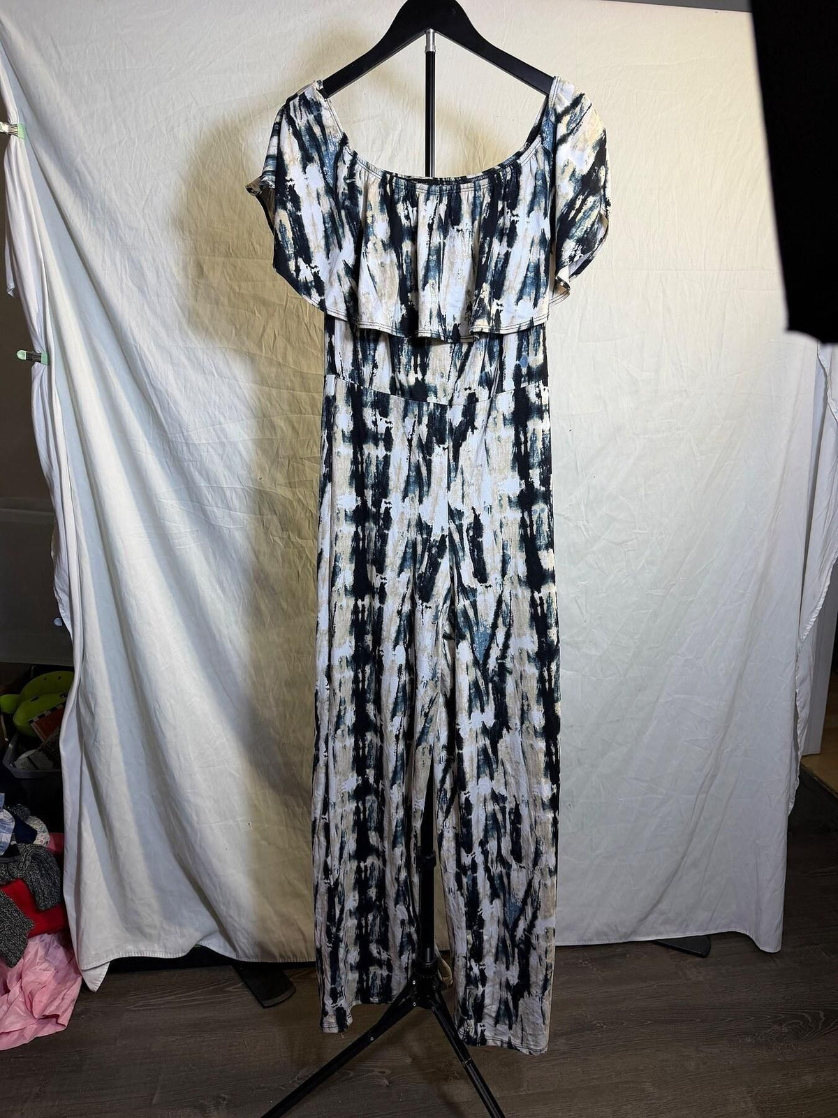 Minette Women's Large Off Shoulder Tie Dye Ruffle Wide Leg Jumpsuit - Wormhole Thrift