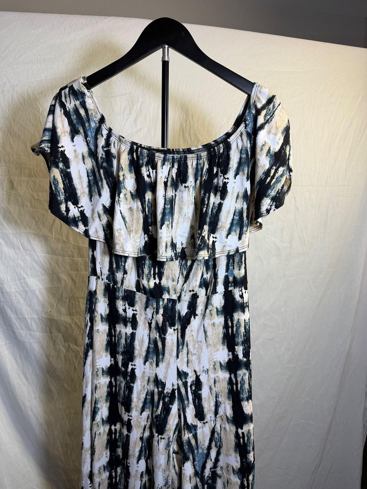 Minette Women's Large Off Shoulder Tie Dye Ruffle Wide Leg Jumpsuit - Wormhole Thrift