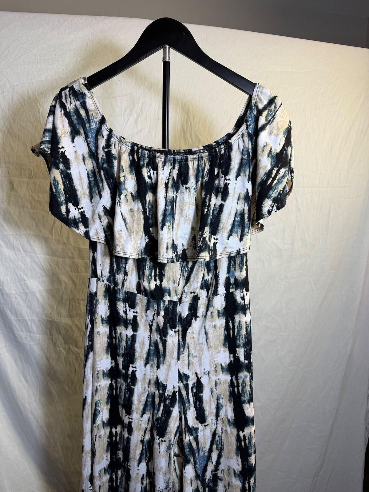 Minette Women's Large Off Shoulder Tie Dye Ruffle Wide Leg Jumpsuit - Wormhole Thrift