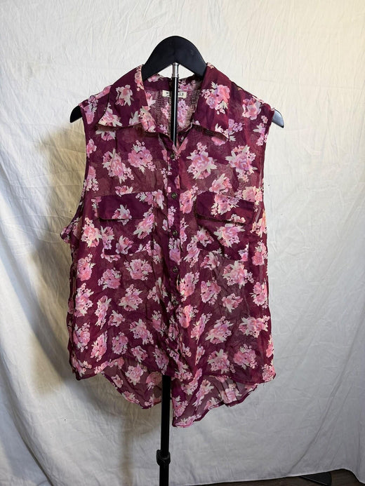 MILEAGE Women's 2X Sleeveless Floral Button Up Blouse Top - Wormhole Thrift