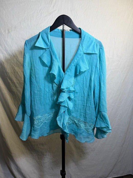 Vintage Jaipur Teal Ruffle Lace Trim Sheer Blouse Top XL - Wormhole Thrift