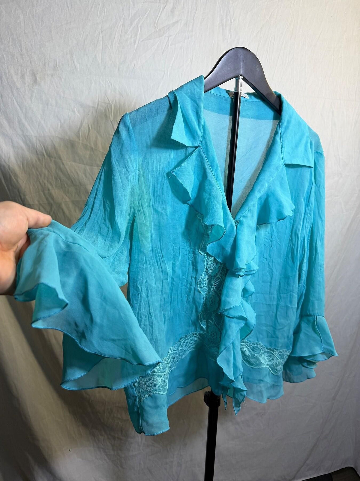 Vintage Jaipur Teal Ruffle Lace Trim Sheer Blouse Top XL - Wormhole Thrift
