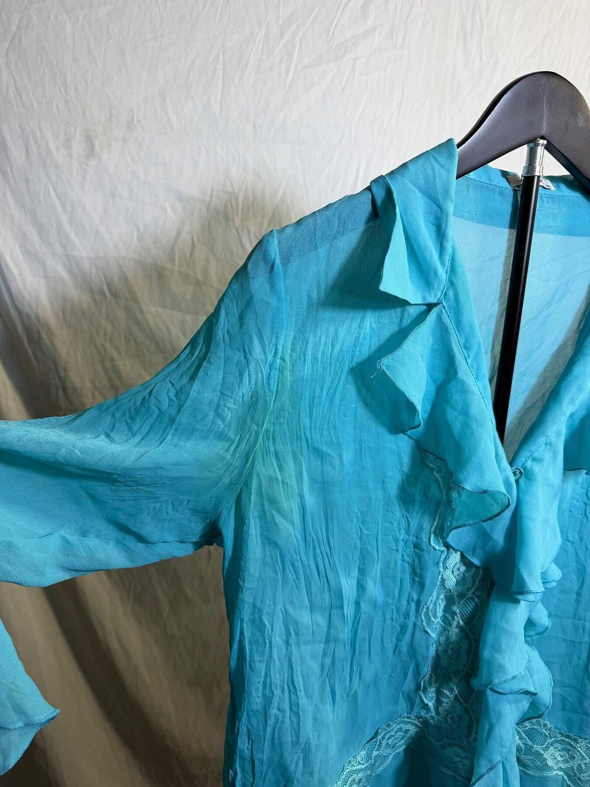 Vintage Jaipur Teal Ruffle Lace Trim Sheer Blouse Top XL - Wormhole Thrift