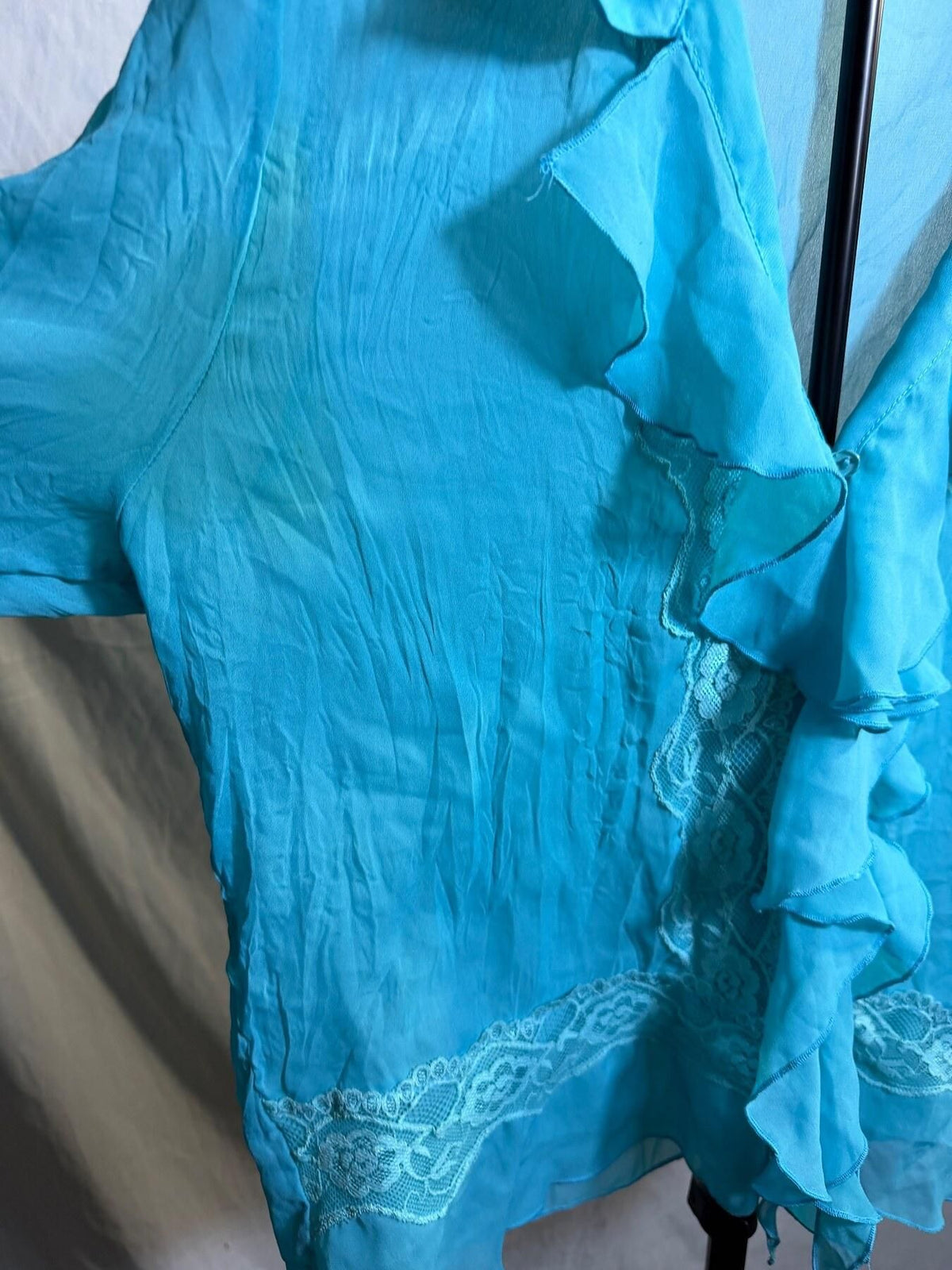 Vintage Jaipur Teal Ruffle Lace Trim Sheer Blouse Top XL - Wormhole Thrift