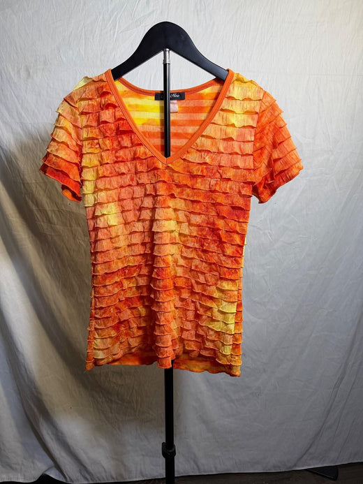 Vintage Only Nine Ruffled Tie-Dye V-Neck Top Orange Yellow Size S - Wormhole Thrift