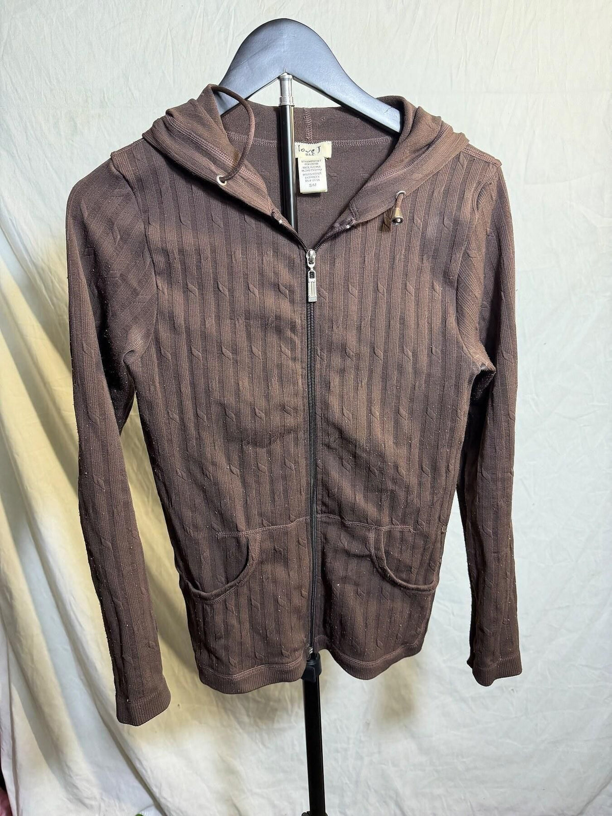Love J USA Women's Brown Ribbed Full Zip Hoodie Jacket S/M - Wormhole Thrift