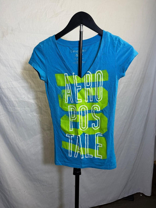 Aeropostale Women's Blue Graphic V-Neck T-Shirt Size XS - Wormhole Thrift