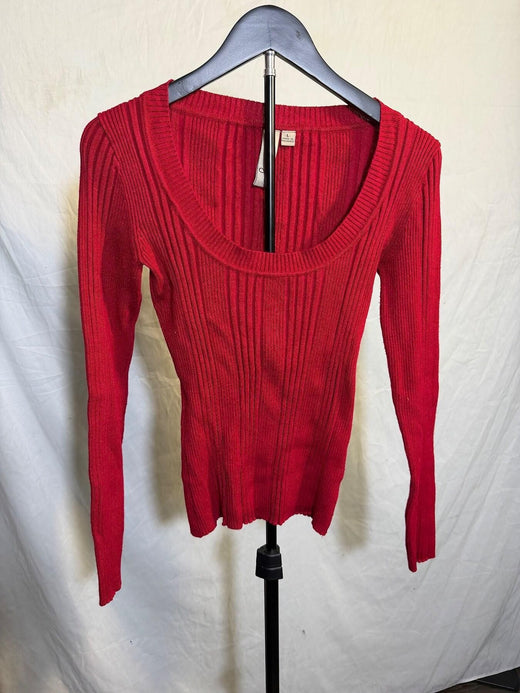Vintage Energie Red Ribbed Scoop Neck Lettuce Edge Long Sleeve Top L - Wormhole Thrift