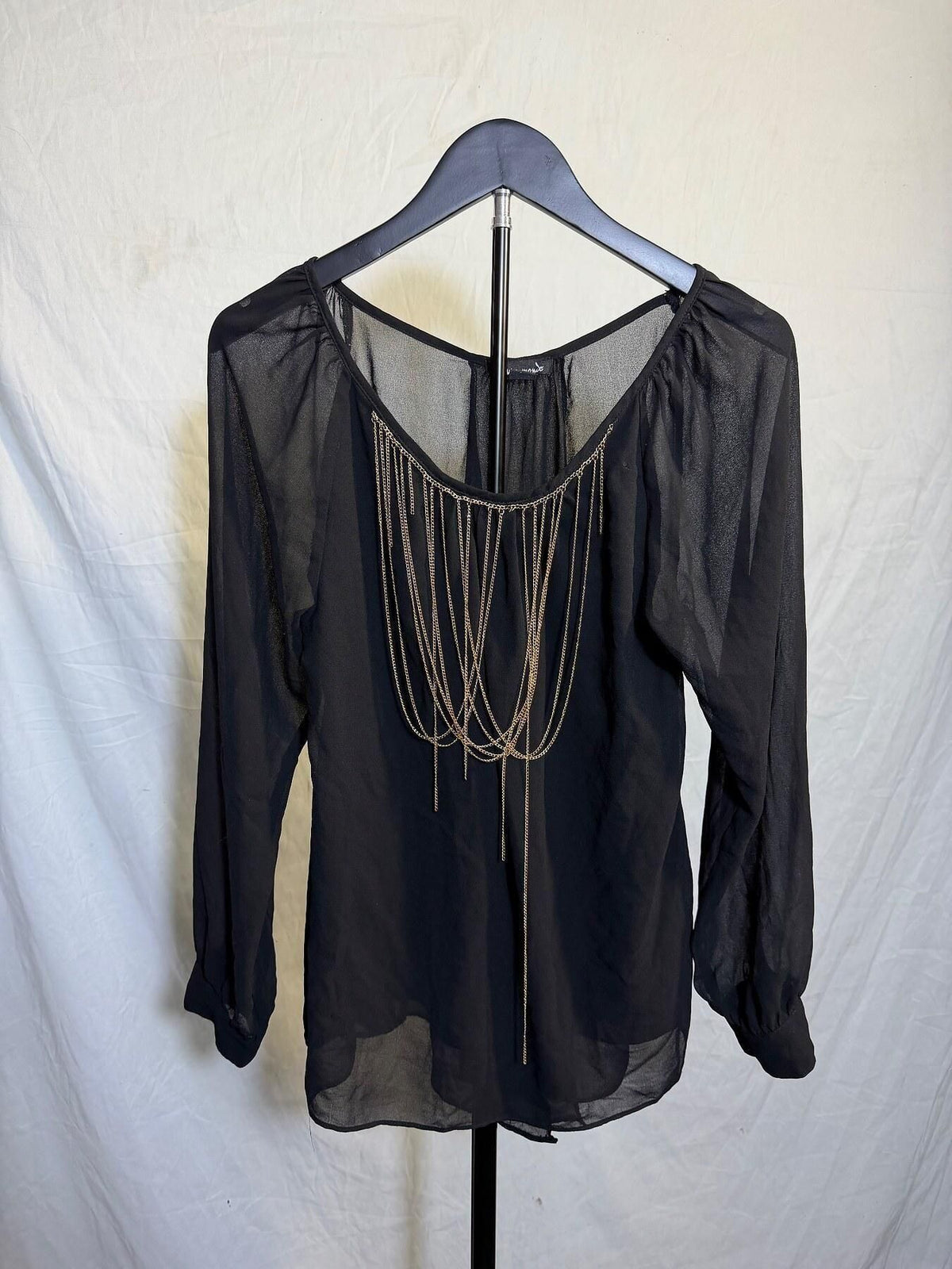Haute Monde Black Sheer Long Sleeve Blouse Top with Gold Chain Detail Size M - Wormhole Thrift
