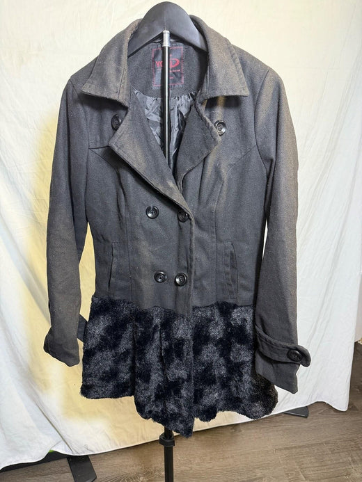 Vintage Yoki New York Black Wool Blend Faux Fur Peplum Pea Coat Women's M - Wormhole Thrift