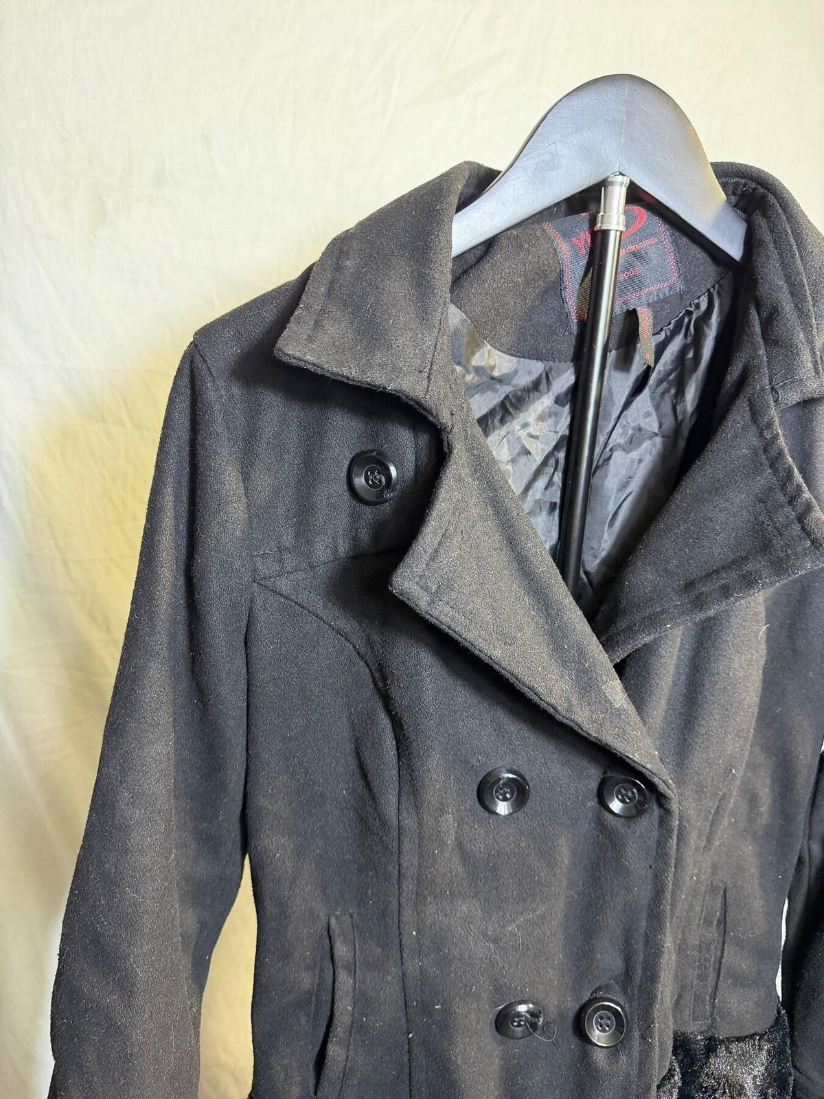 Vintage Yoki New York Black Wool Blend Faux Fur Peplum Pea Coat Women's M - Wormhole Thrift