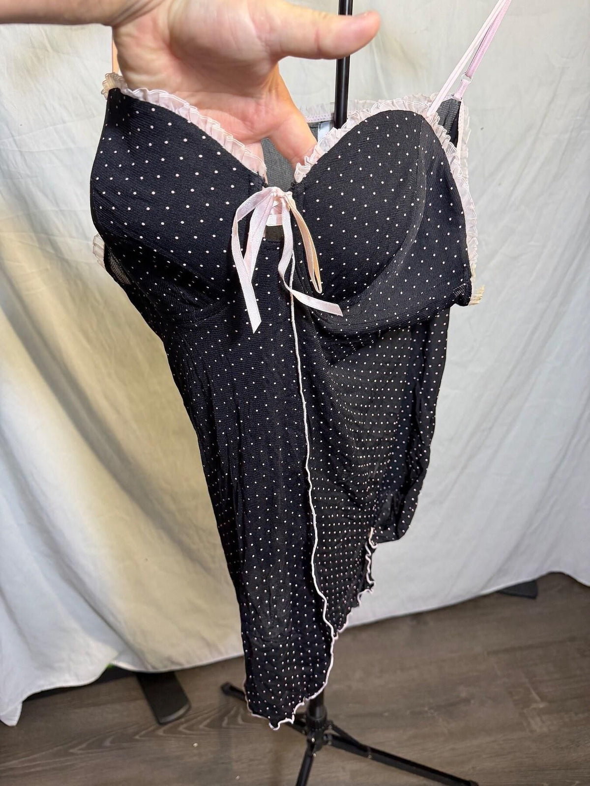 Vintage Fashion Bug Black Pink Polka Dot Babydoll Chemise 22/24W - Wormhole Thrift