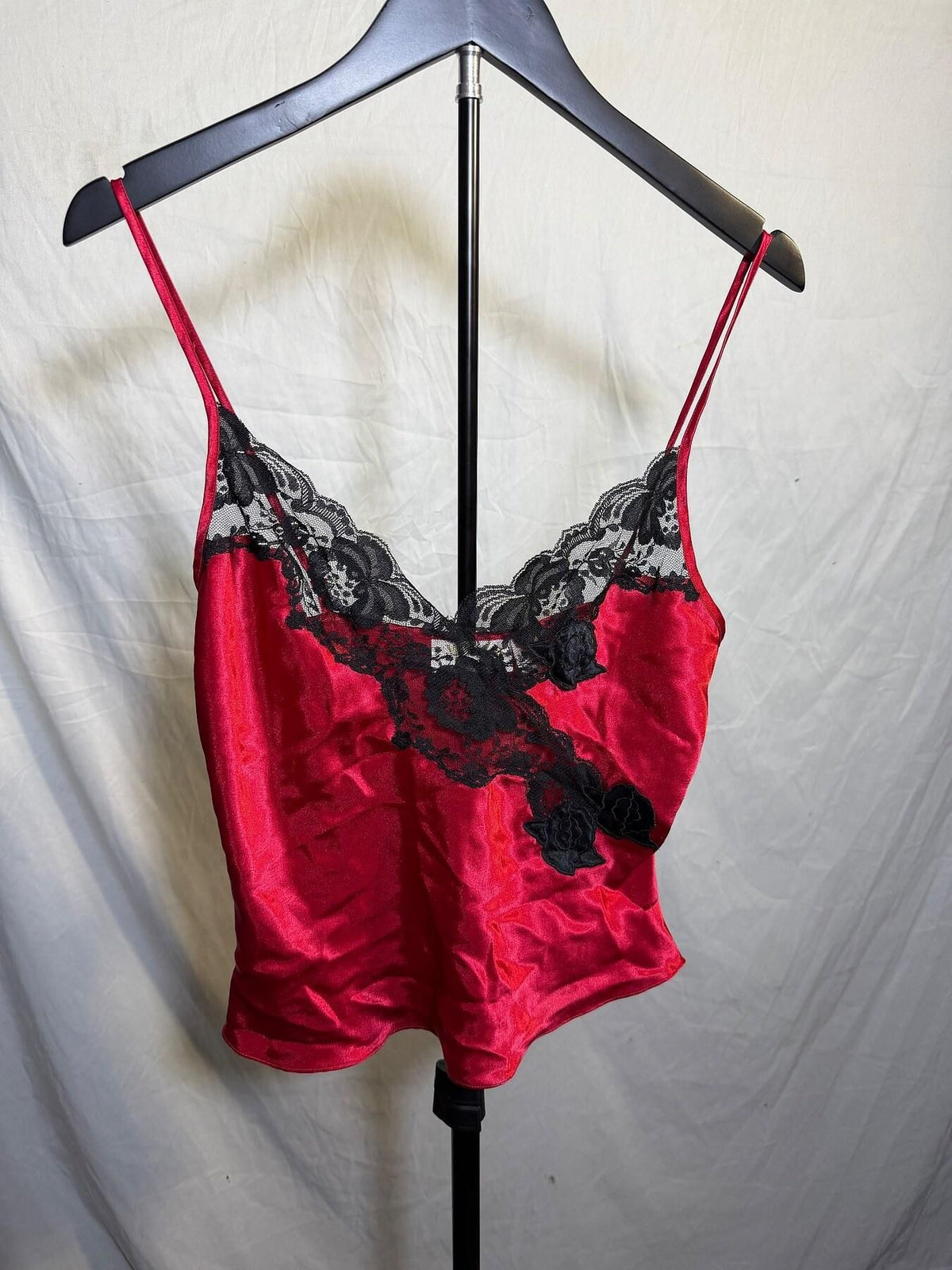 Red Satin Camisole Lingerie Top with Black Lace Rose Applique - Wormhole Thrift