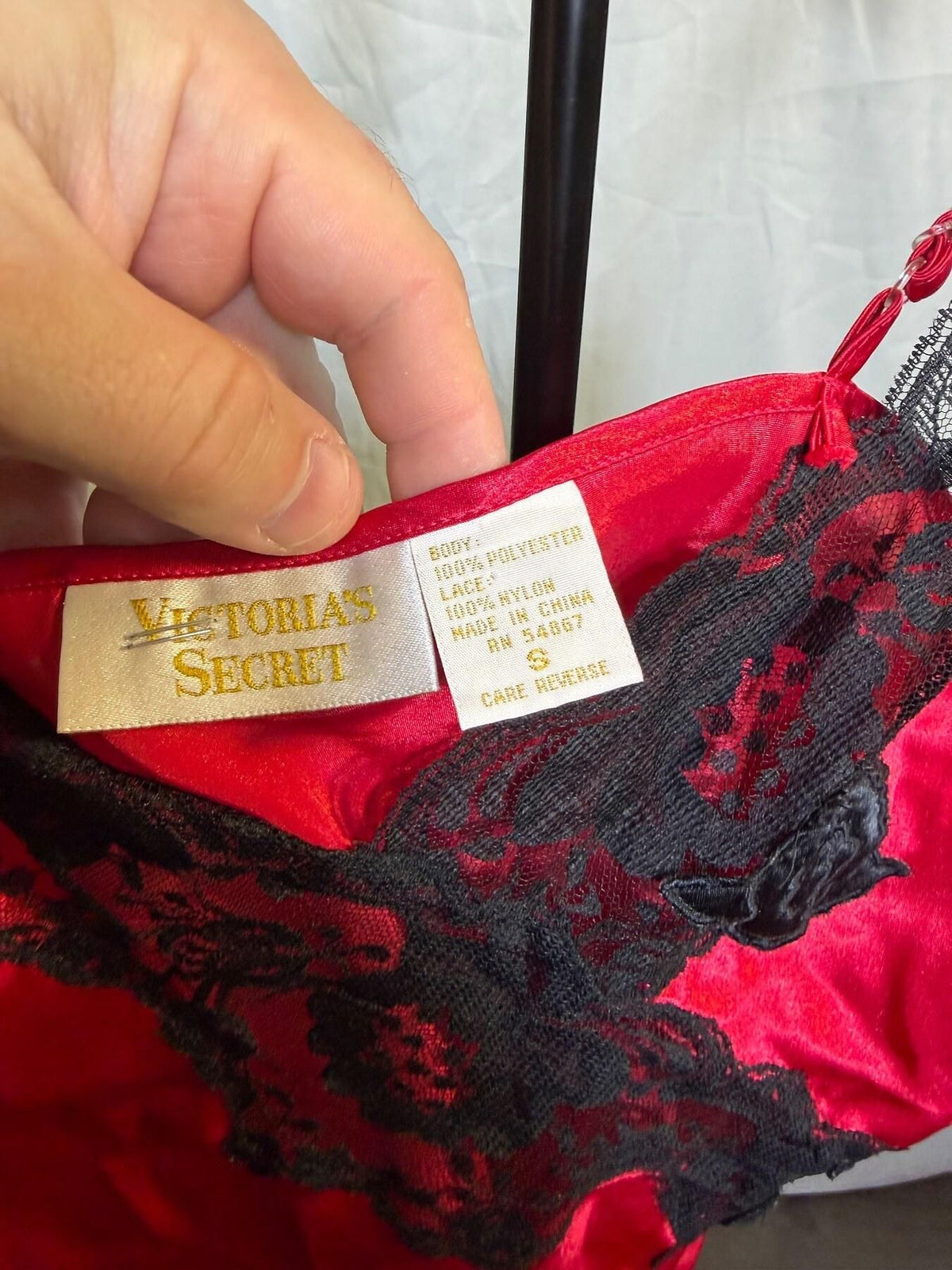 Red Satin Camisole Lingerie Top with Black Lace Rose Applique - Wormhole Thrift