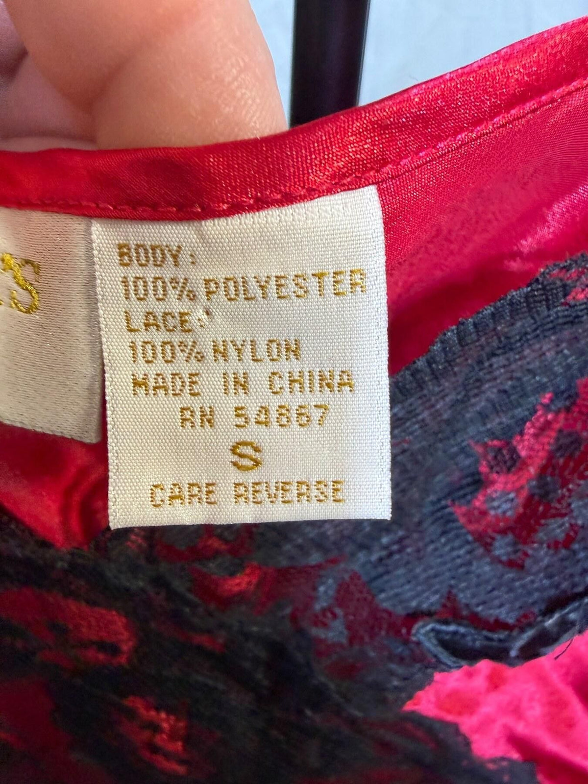 Red Satin Camisole Lingerie Top with Black Lace Rose Applique - Wormhole Thrift
