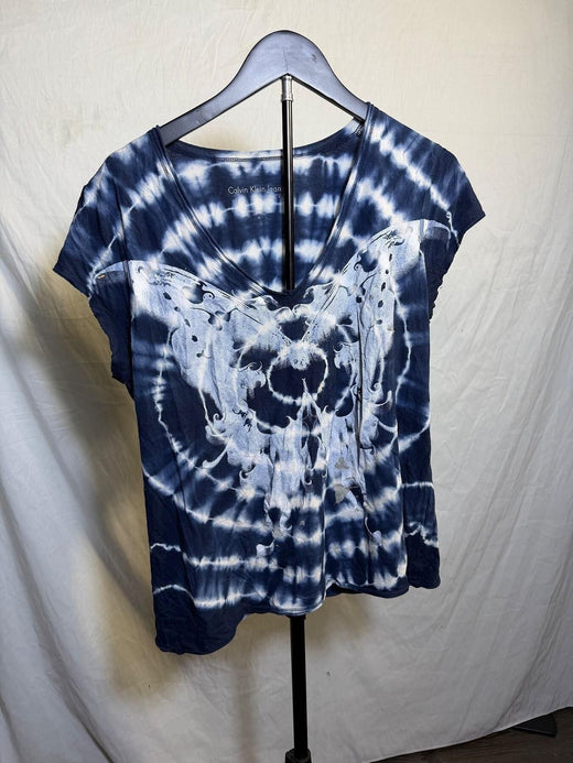 Calvin Klein Jeans Women's XL Blue Tie-Dye V-Neck T-Shirt - Wormhole Thrift