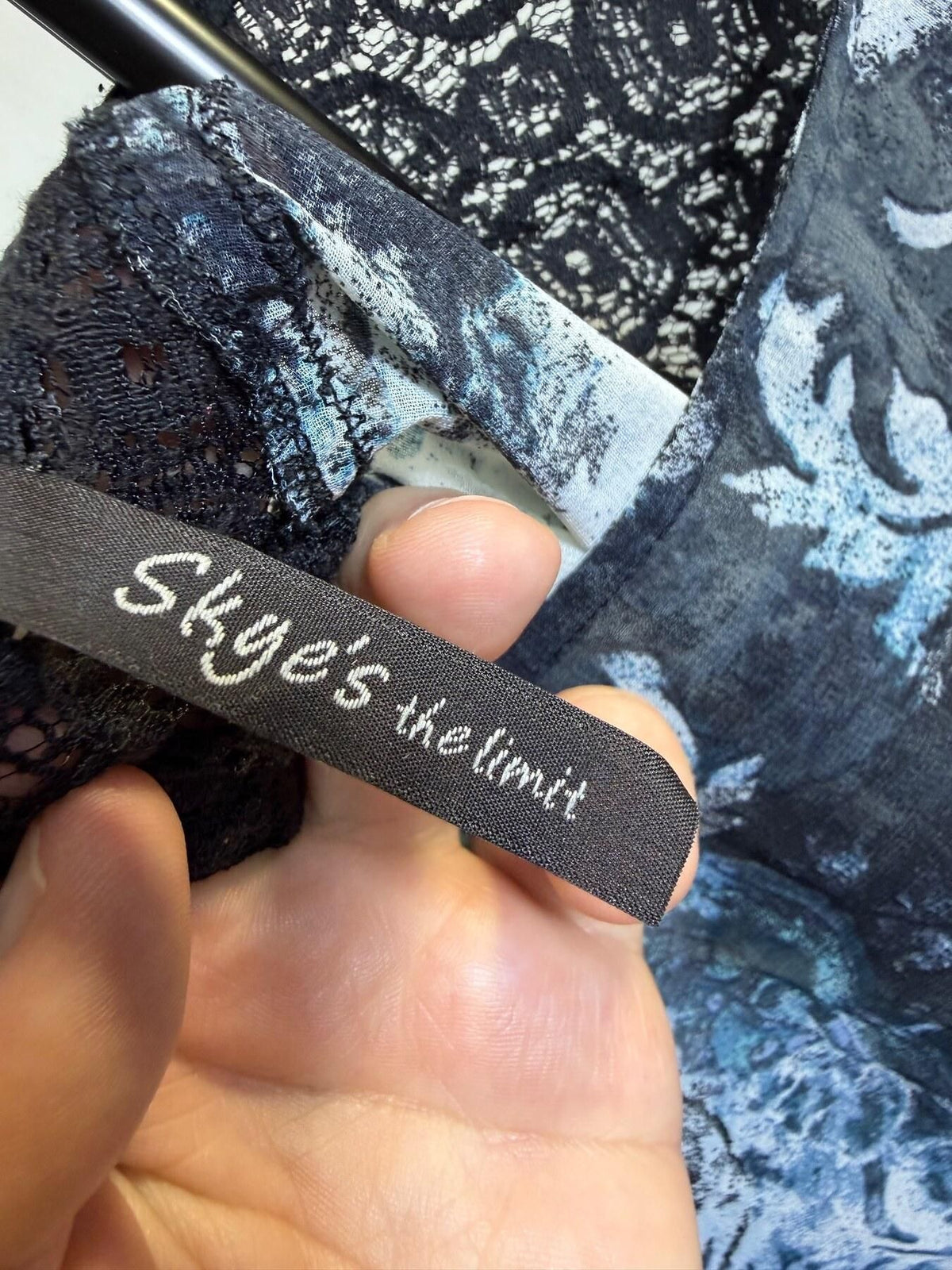 Skye's the Limit Blue Black White Lace Trim Blouse Top - Wormhole Thrift