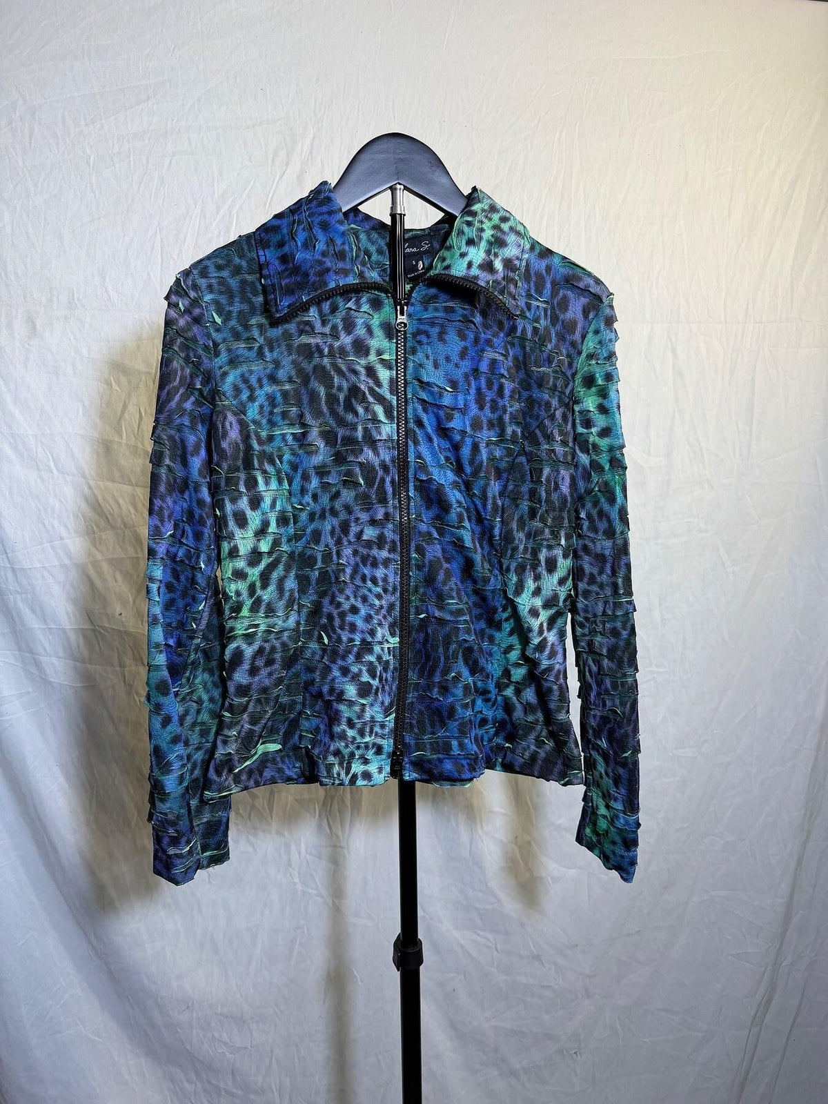 Clara S. Blue Green Black Leopard Print Crinkle Full Zip Jacket S - Wormhole Thrift