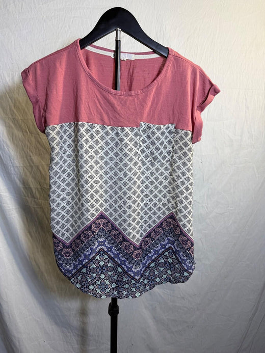 Jolt Women's Medium Pink Geometric Paisley Boho Short Sleeve Top Blouse - Wormhole Thrift