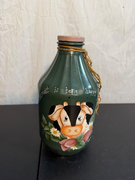 Vintage Hand-Painted Cow & Flowers Decorative Glass Bottle by Cathy Barchilon - Wormhole Thrift