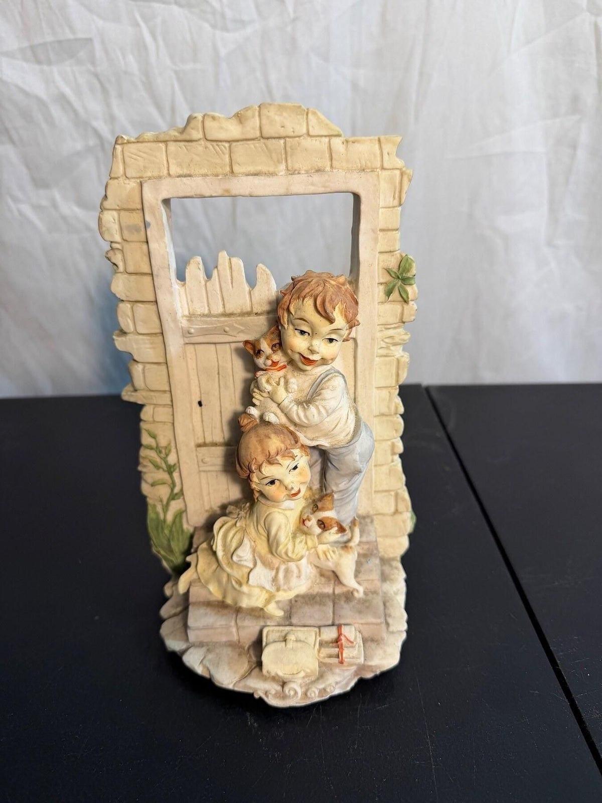 Vintage Children & Cats Doorway Resin Figurine Statue 8" Tall - Wormhole Thrift