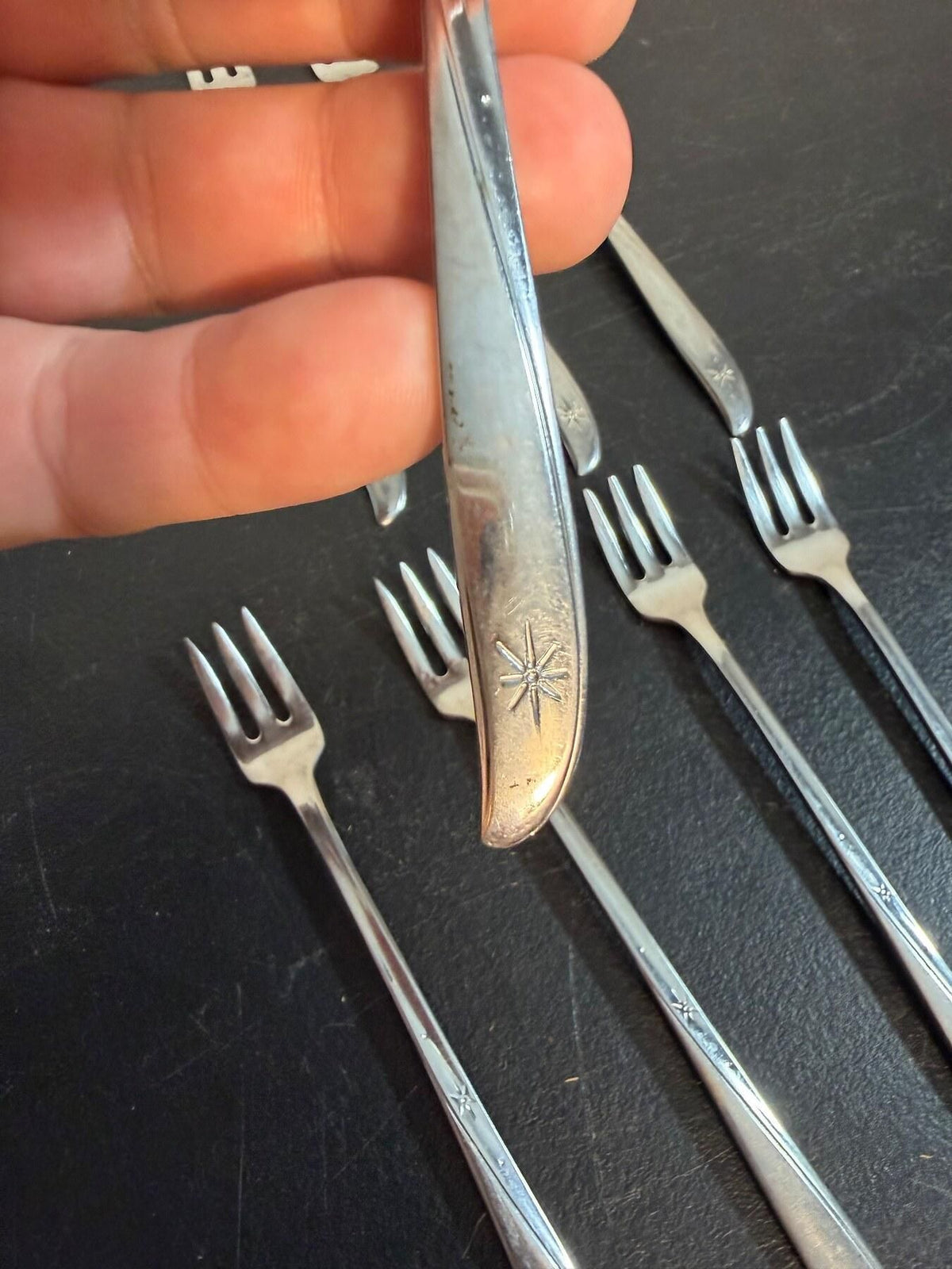 Vintage Oneida Community Stainless Starburst Cocktail Forks - Set of 8 - Wormhole Thrift