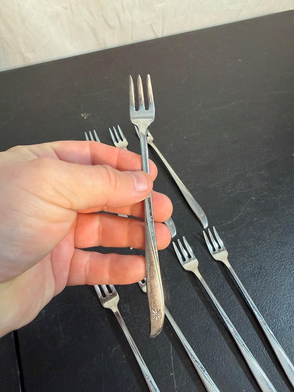 Vintage Oneida Community Stainless Starburst Cocktail Forks - Set of 8 - Wormhole Thrift